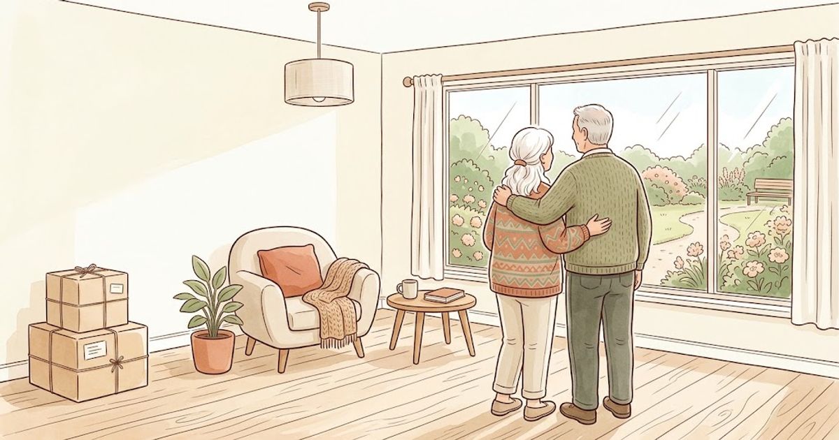 Older couple settling into a furnished retirement village unit in Melbourne after downsizing