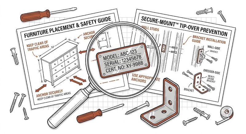 Illustrated checklist icons for checking secondhand furniture labels, model numbers and anchor points before buying