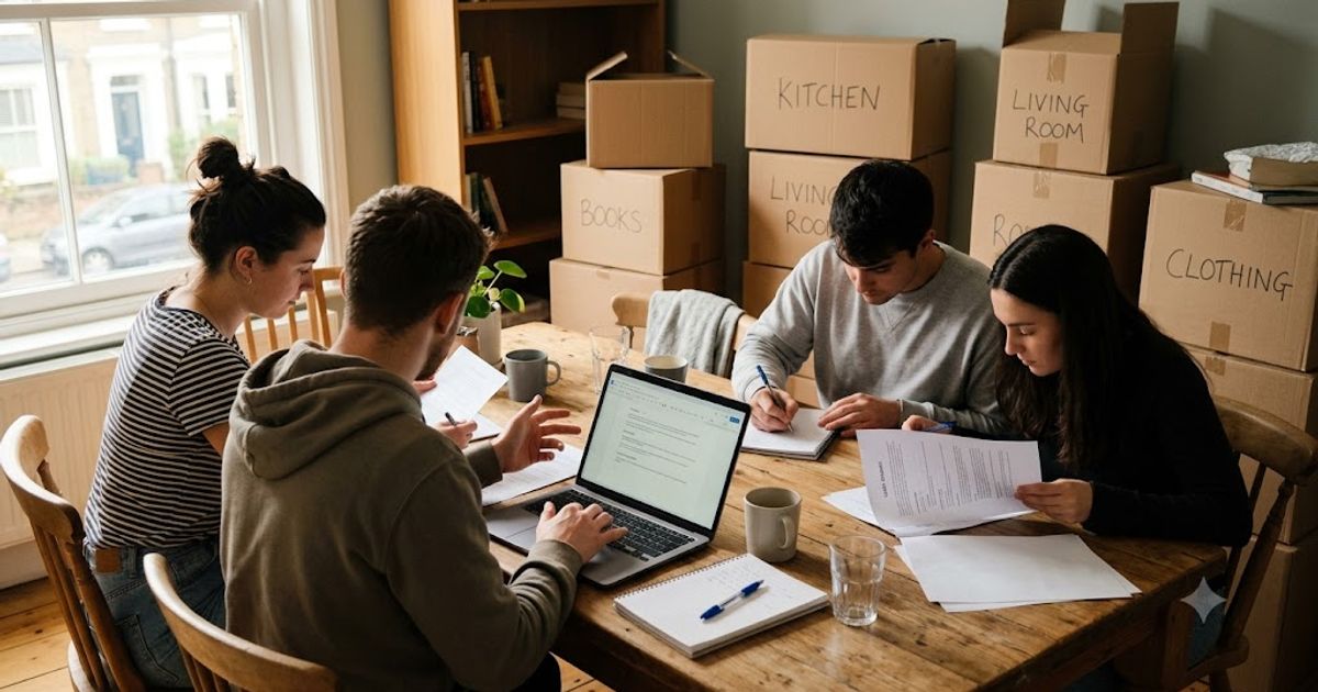 Housemates deciding how to divide shared furniture before moving out, seen from behind around a dining table with moving boxes nearby