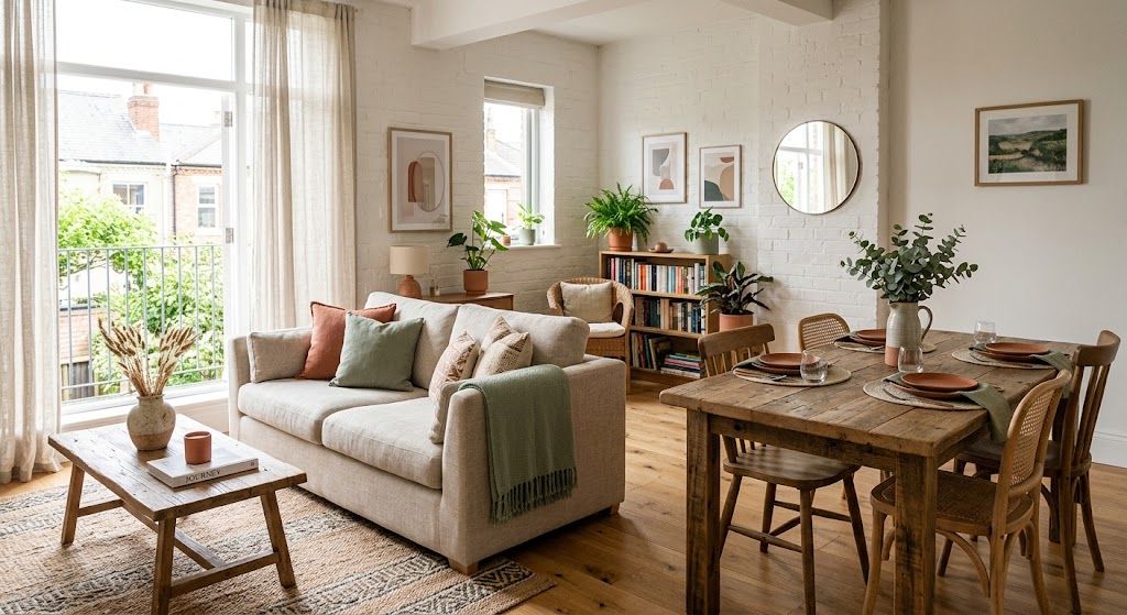 Flat vector illustration of a styled short-stay living and dining space with neutral secondhand furniture