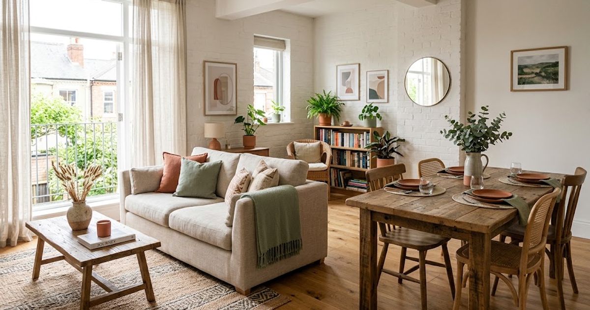 Flat vector illustration of a styled short-stay living and dining space with neutral secondhand furniture