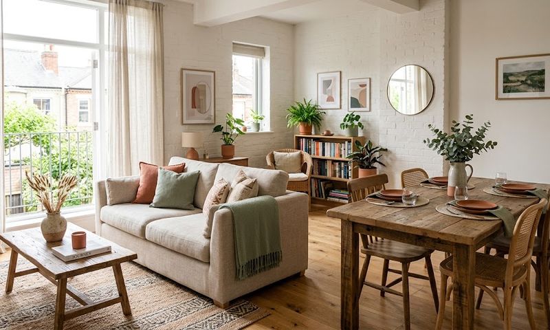 Flat vector illustration of a styled short-stay living and dining space with neutral secondhand furniture
