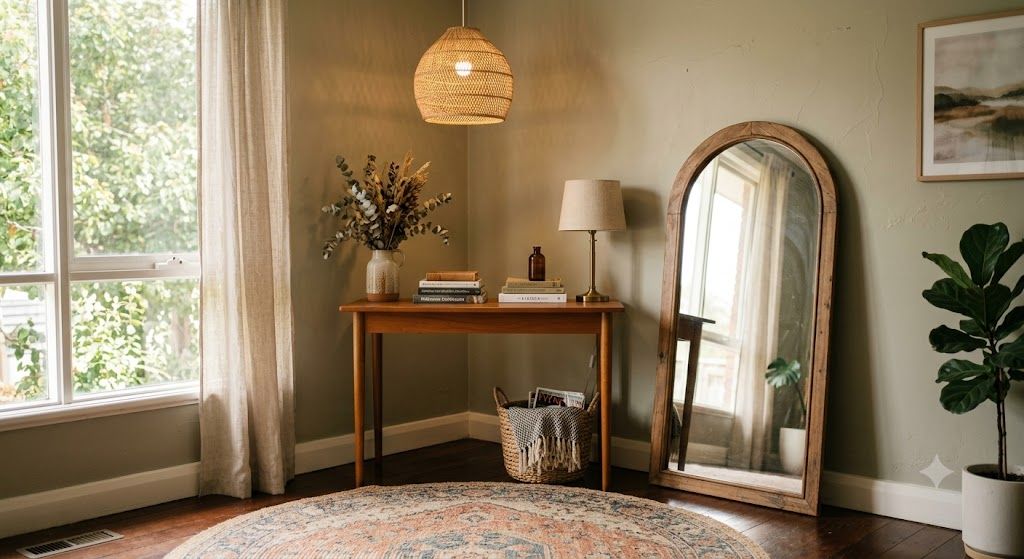 Vintage rug, arched mirror and rattan pendant light styled together in a Melbourne living room corner.