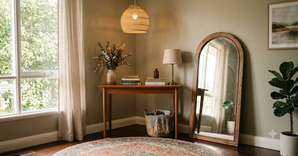 Vintage rug, arched mirror and rattan pendant light styled together in a Melbourne living room corner.
