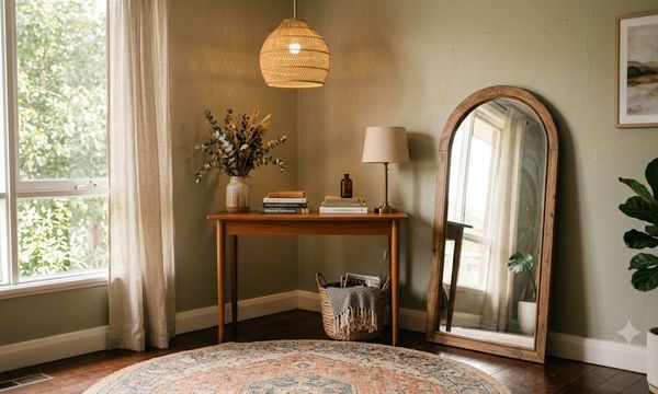 Vintage rug, arched mirror and rattan pendant light styled together in a Melbourne living room corner.