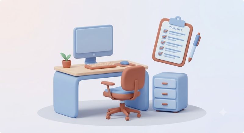 Illustration of a desk, ergonomic office chair and filing cabinet with a fit-out checklist, representing what to inspect before buying secondhand office furniture
