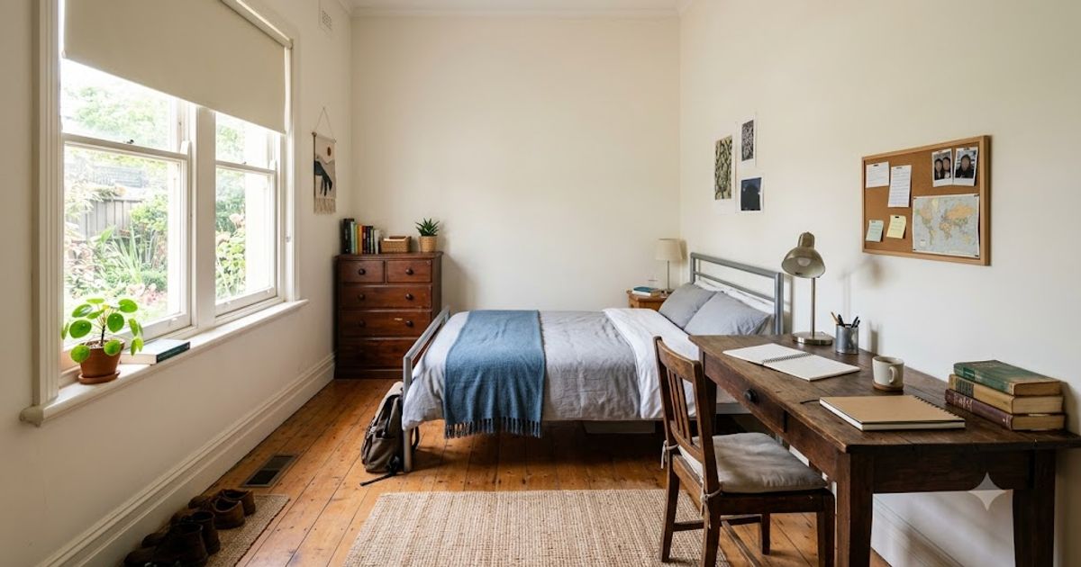 Desk, chair and bed frame secondhand furniture set up in a small Melbourne share house bedroom