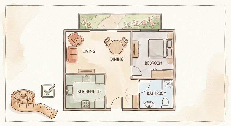 Simple retirement village floor plan showing furniture placement and move-in measurements