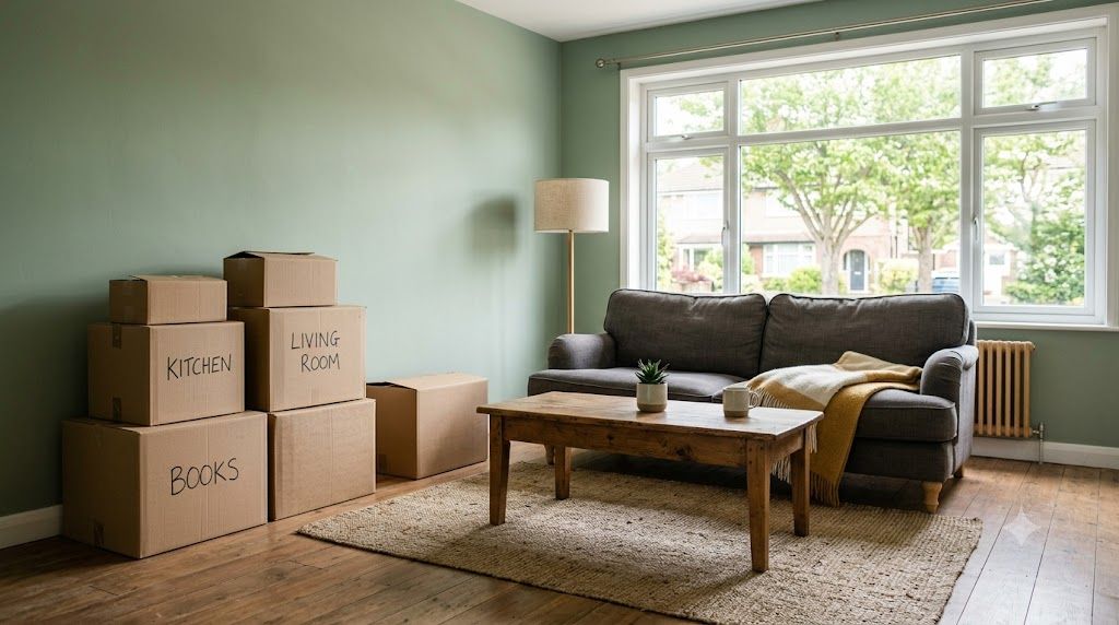 An empty living room with moving boxes and a person unpacking, a secondhand sofa and coffee table already in place