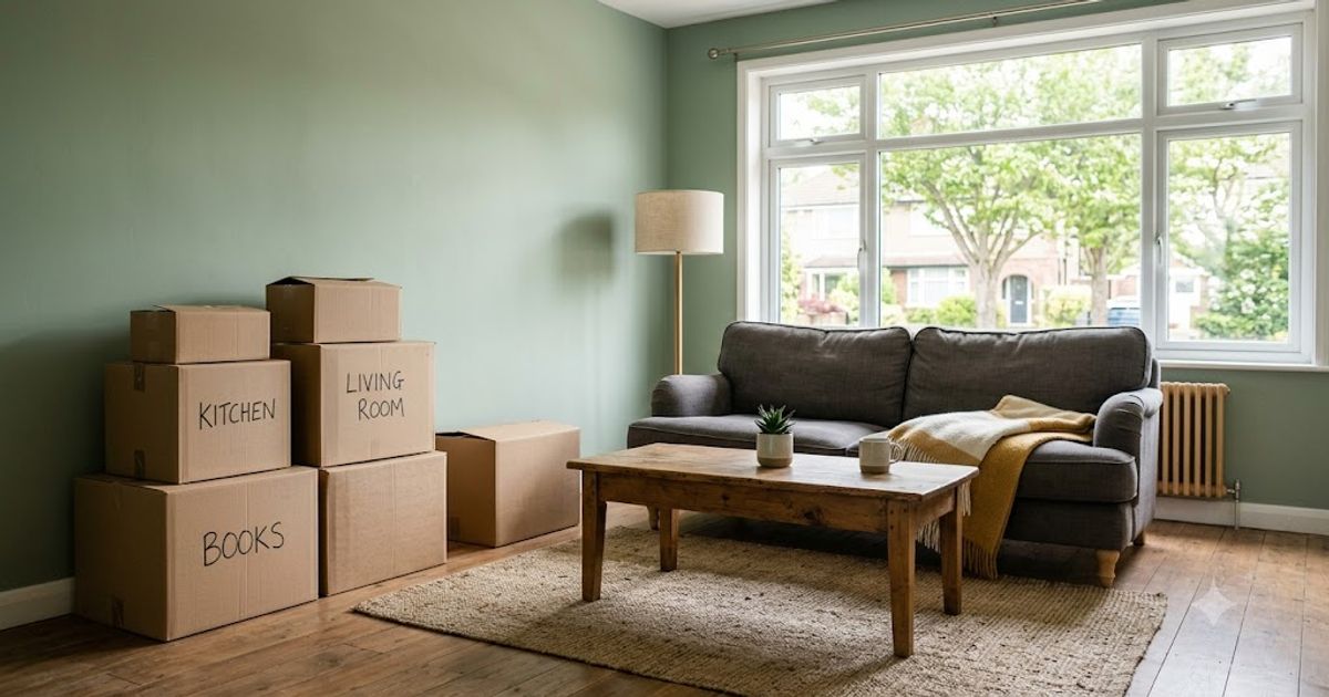 An empty living room with moving boxes and a person unpacking, a secondhand sofa and coffee table already in place