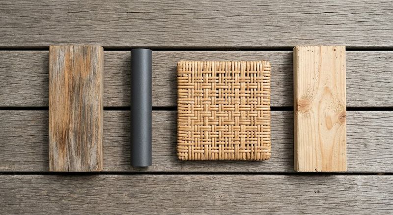 Flat lay of outdoor furniture material samples including teak, aluminium, rattan and untreated pine