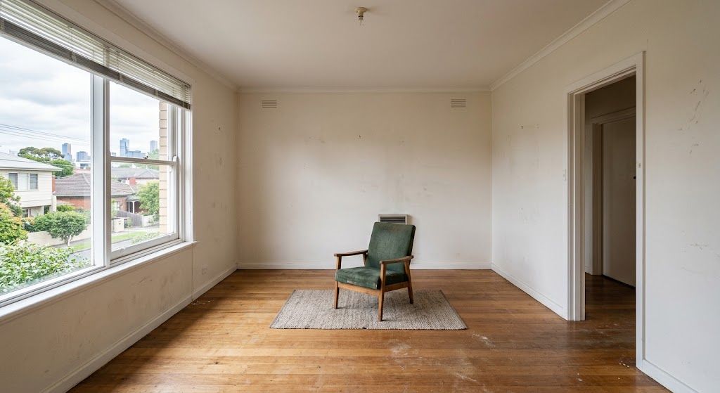An empty Melbourne rental unit at the end of a lease with one leftover piece of furniture in an otherwise cleared room