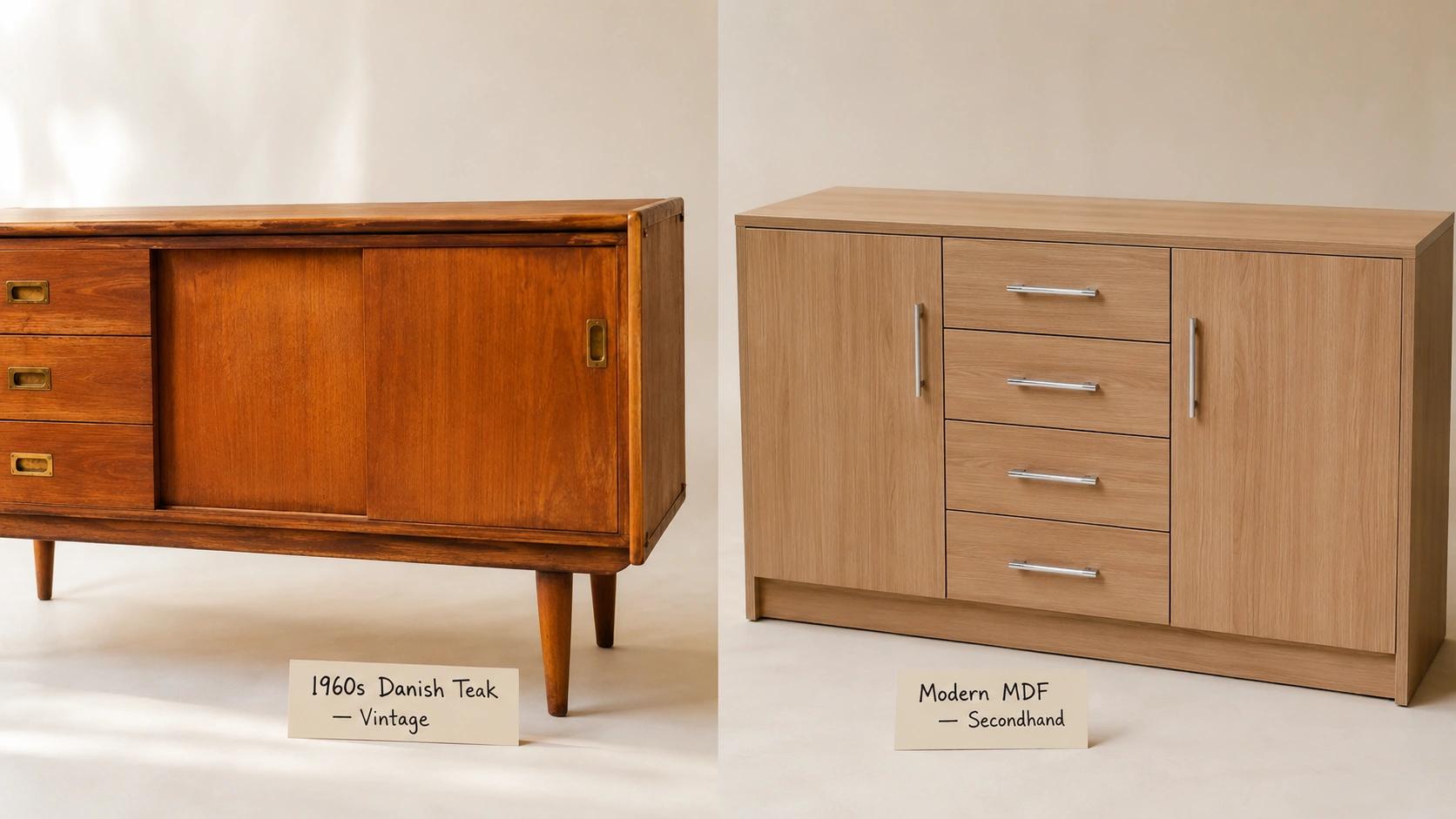 1960s Danish teak vintage sideboard versus modern MDF secondhand furniture — Melbourne comparison guide