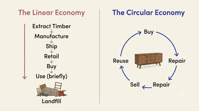 Diagram comparing the linear economy — extract, manufacture, ship, retail, buy, use, landfill — with the circular economy — buy, use, repair, sell, reuse, repeat — applied to furniture