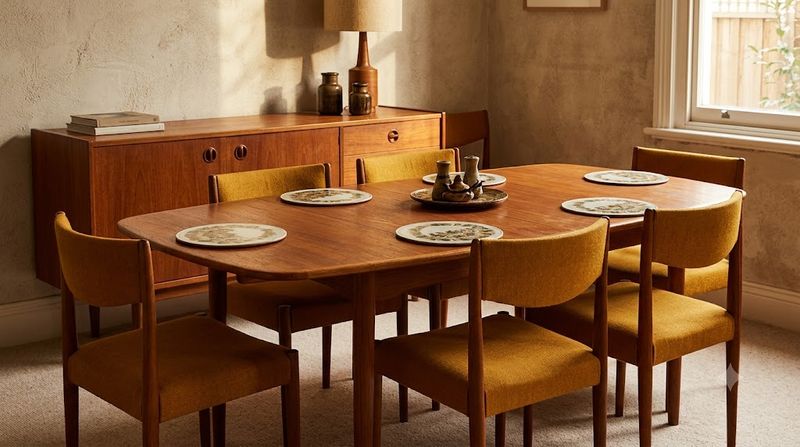Authentic 1960s Parker-style teak extendable dining table with six mustard upholstered chairs and teak sideboard in background in a Melbourne home — vintage retro furniture revival trend 2026