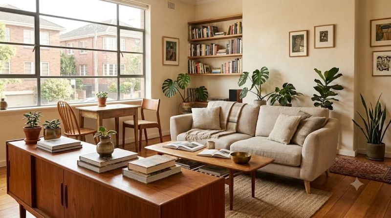 A curated Melbourne apartment living room mixing a 1960s Danish teak sideboard, neutral linen sofa, and mismatched vintage dining chairs — secondhand furniture with character and originality
