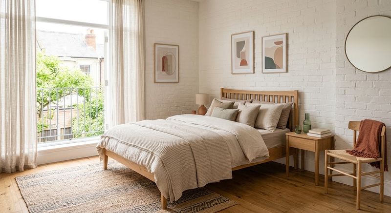 Flat vector illustration of a neutrally styled guest bedroom with durable secondhand furniture