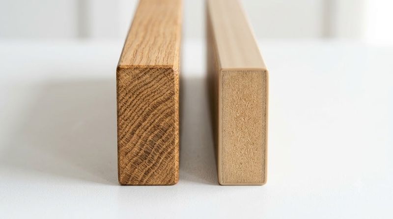 Close-up comparison of solid oak edge grain versus MDF edge banding — how to identify solid wood vs engineered wood when buying secondhand furniture