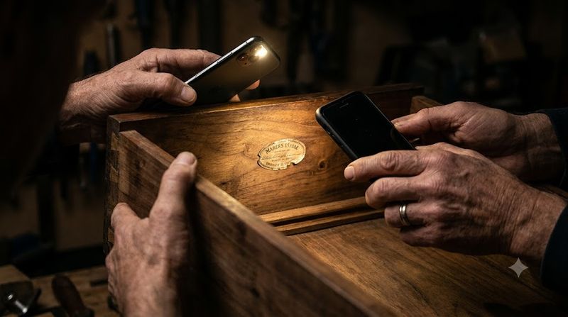 Hand holding a phone torch to photograph a maker's label underneath a timber drawer of vintage furniture