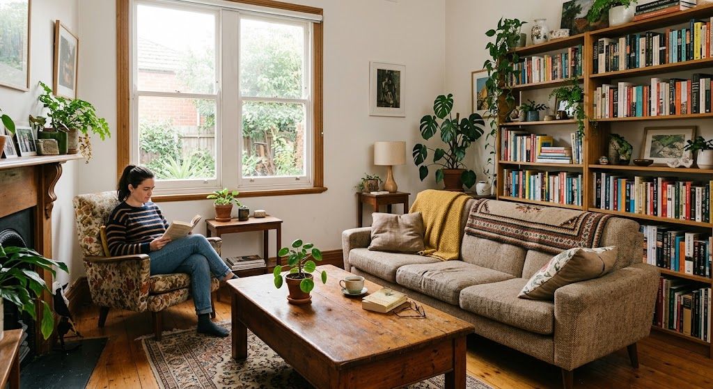 A Melbourne living room furnished entirely with secondhand furniture, including a sofa, coffee table, and armchair
