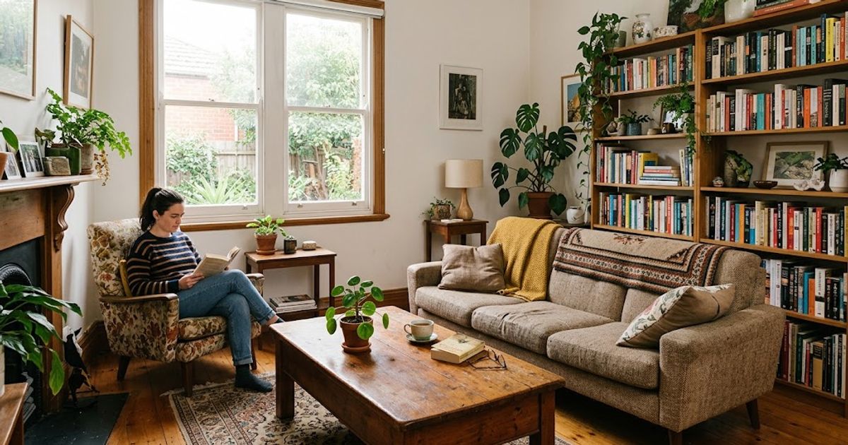 A Melbourne living room furnished entirely with secondhand furniture, including a sofa, coffee table, and armchair