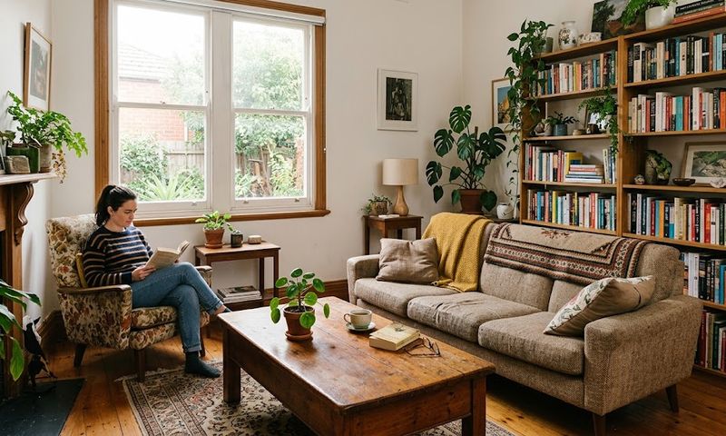 A Melbourne living room furnished entirely with secondhand furniture, including a sofa, coffee table, and armchair