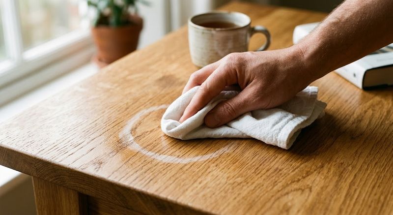 Buffing a water ring mark out of a timber dining table with a soft cloth