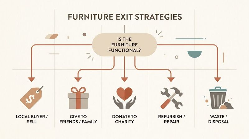 Flowchart showing the decision path for old furniture between selling, giving away, donating, repairing and booked hard rubbish collection