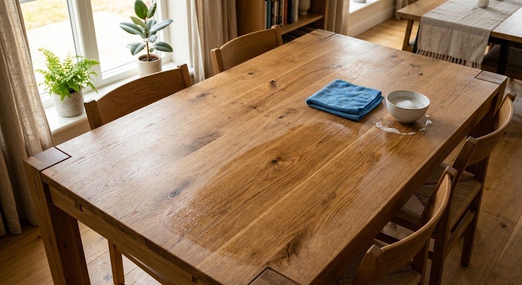 Close-up of a solid wood dining table being wiped clean with a microfiber cloth