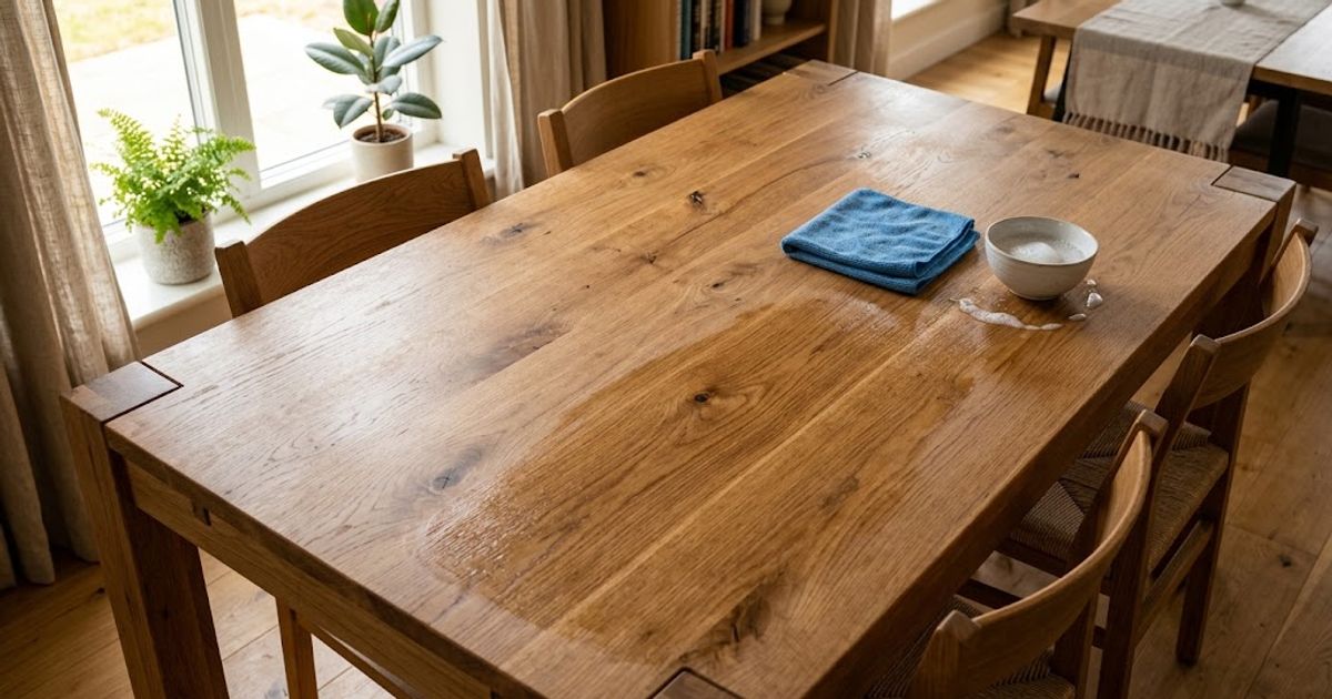 Close-up of a solid wood dining table being wiped clean with a microfiber cloth