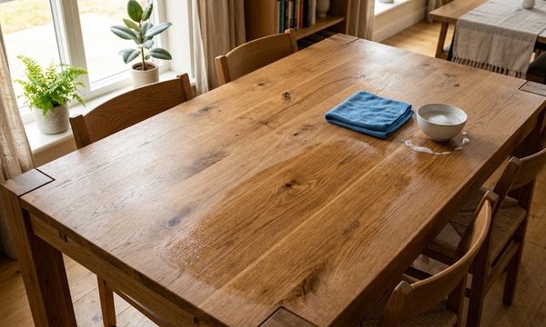 Close-up of a solid wood dining table being wiped clean with a microfiber cloth
