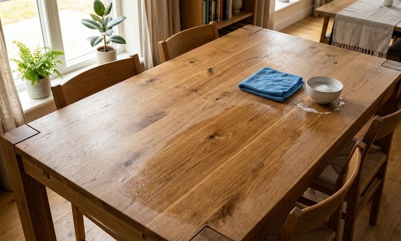 Close-up of a solid wood dining table being wiped clean with a microfiber cloth