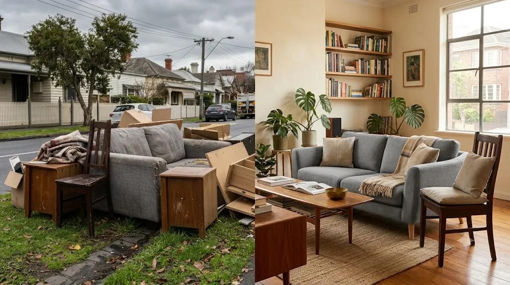 Melbourne kerbside furniture waste on the left versus a furnished Melbourne apartment on the right — linear economy vs circular economy