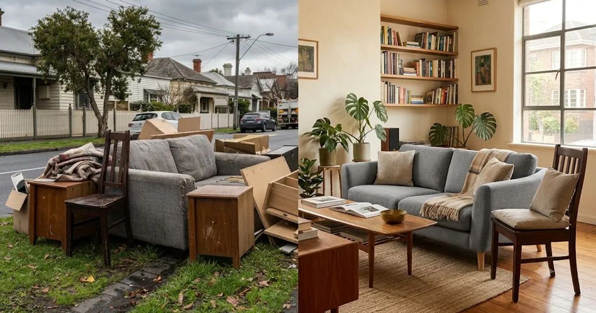 Melbourne kerbside furniture waste on the left versus a furnished Melbourne apartment on the right — linear economy vs circular economy