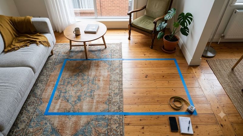 Painter's tape mapped out on a Melbourne apartment floor showing furniture footprint before buying a secondhand sofa — dimensions check