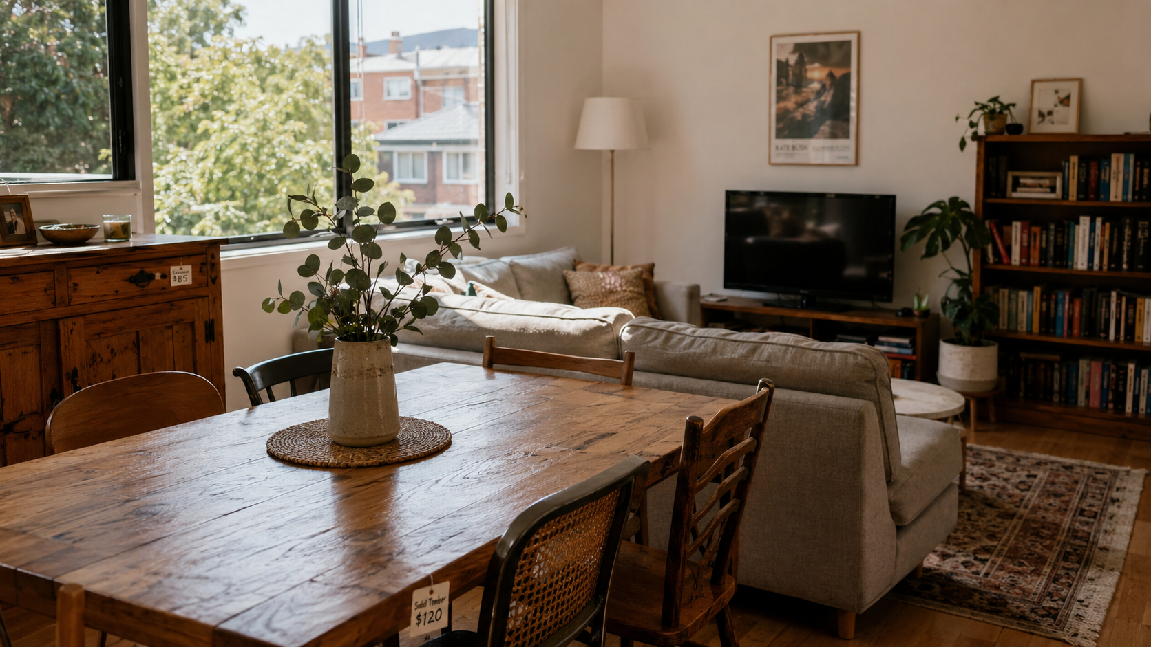 Secondhand furniture in a Melbourne apartment — timber dining table, neutral sofa, and vintage sideboard with a price tag, natural morning light