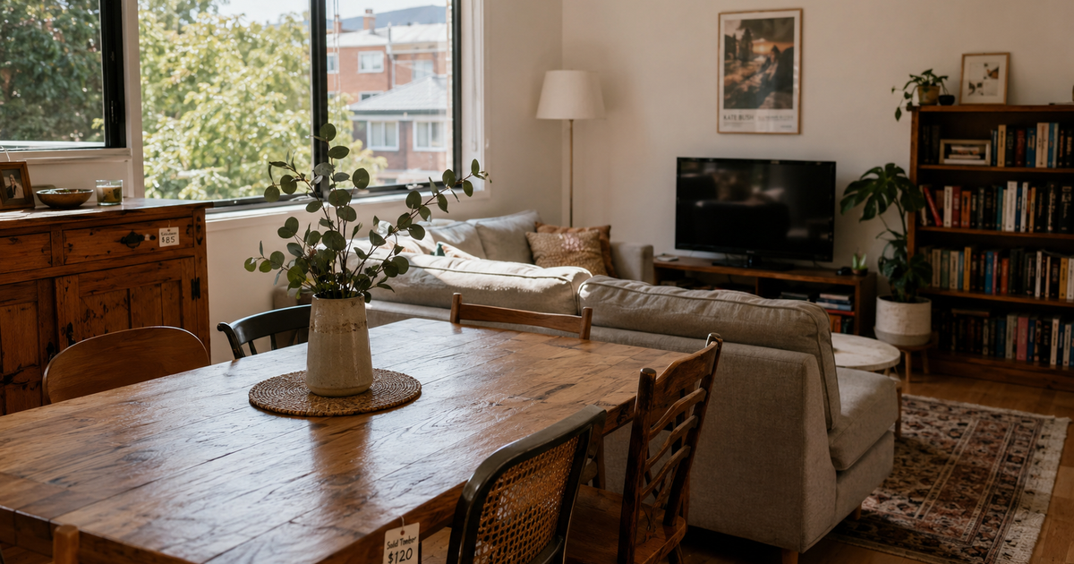 Secondhand furniture in a Melbourne apartment — timber dining table, neutral sofa, and vintage sideboard with a price tag, natural morning light