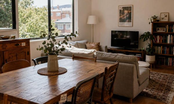 Secondhand furniture in a Melbourne apartment — timber dining table, neutral sofa, and vintage sideboard with a price tag, natural morning light