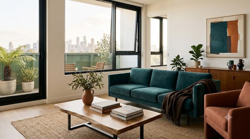 Melbourne living room with deep teal velvet sofa, terracotta armchair, and warm timber coffee table against off-white walls — earthy saturated colour palette furniture trend 2026