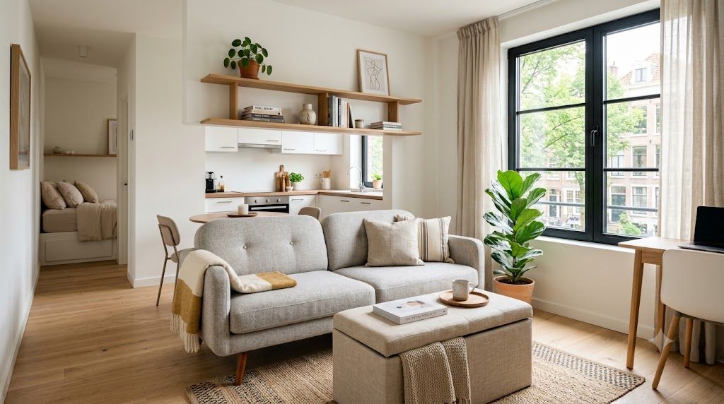 A compact studio apartment furnished with a leggy sofa, a storage ottoman and slim wall-mounted shelving