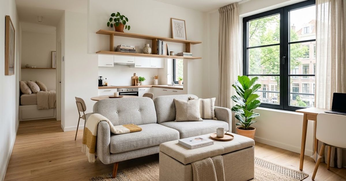 A compact studio apartment furnished with a leggy sofa, a storage ottoman and slim wall-mounted shelving