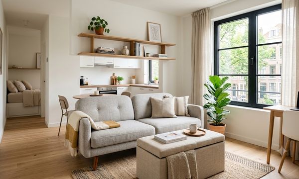 A compact studio apartment furnished with a leggy sofa, a storage ottoman and slim wall-mounted shelving