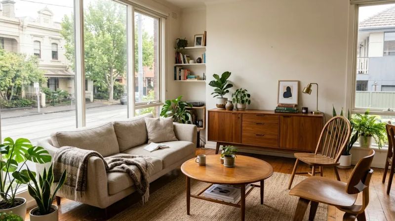A warm, curated Melbourne apartment living room furnished with a Danish teak sideboard, neutral linen sofa and mismatched mid-century timber chairs — the circular economy in practice