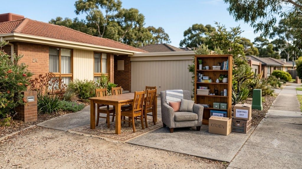 Assorted secondhand furniture including a timber table, armchair and bookshelf staged in a Melbourne driveway being sorted
