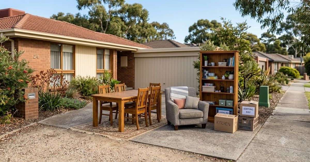 Assorted secondhand furniture including a timber table, armchair and bookshelf staged in a Melbourne driveway being sorted