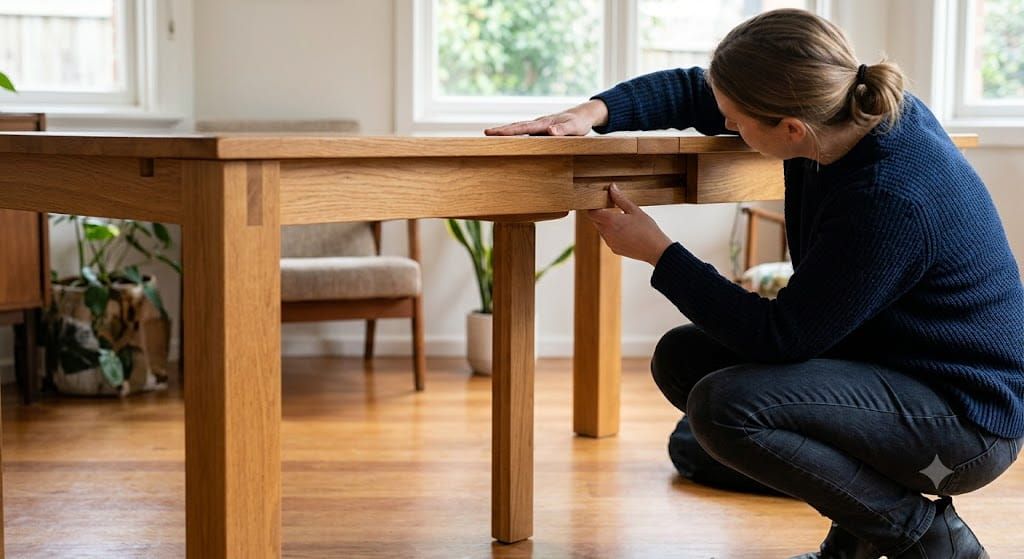 Person inspecting the underside of a solid timber dining table at a Melbourne seller's home — checking furniture quality before buying secondhand