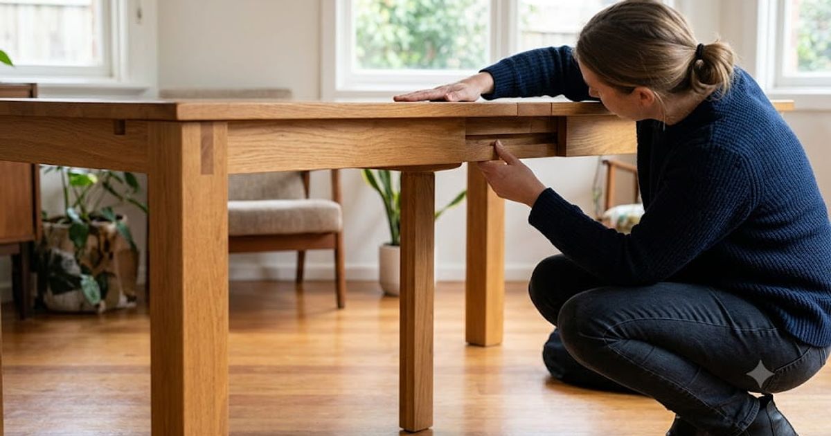 Person inspecting the underside of a solid timber dining table at a Melbourne seller's home — checking furniture quality before buying secondhand