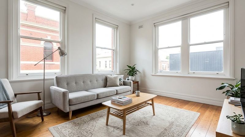 Furnished living room in a Melbourne rental property with secondhand-style furniture