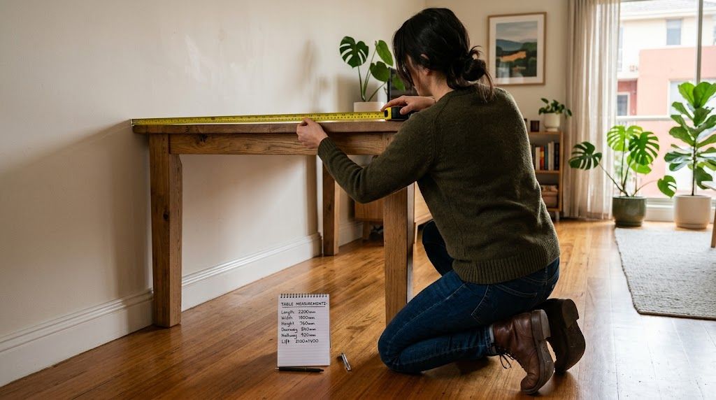 Person using a tape measure to measure a secondhand timber dining table against a room wall in a Melbourne apartment — checking dimensions before buying used furniture