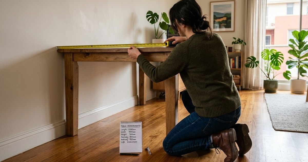 Person using a tape measure to measure a secondhand timber dining table against a room wall in a Melbourne apartment — checking dimensions before buying used furniture